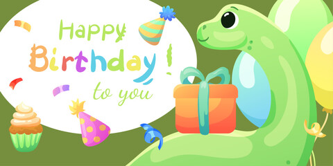 Set of cards, birthday banners, birthday invitations with dinosaurs, balloons and confetti. Dinosaurs that smile and say roar.