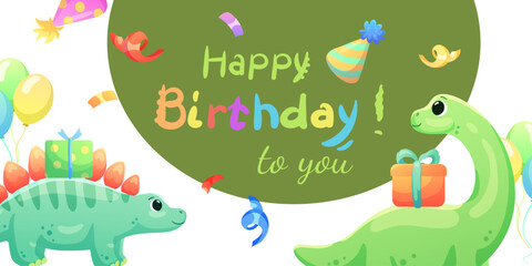 Naklejka premium Set of cards, birthday banners, birthday invitations with dinosaurs, balloons and confetti. Dinosaurs that smile and say roar.