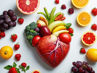 Eine große Menge Früchte, Obst und Gemüse liegen auf einem Tisch und formen ein menschliches Herz, Symbol für Herzgesundheit