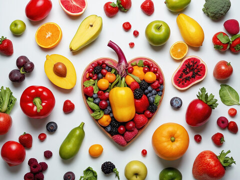 Eine gro&szlig;e Menge Fr&uuml;chte, Obst und Gem&uuml;se liegen auf einem Tisch und formen ein menschliches Herz