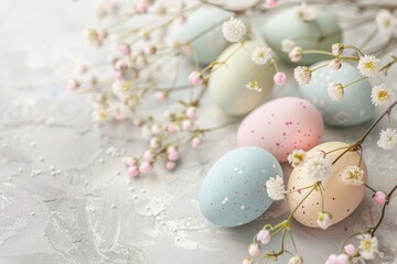 Obraz na płótnie Canvas Artful display of soft-colored Easter eggs embellished with delicate spring flora on a textured background