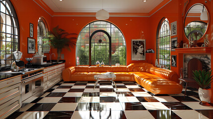 Bright kitchen interior with orange walls, checkered floor, and modern appliances. - obrazy, fototapety, plakaty