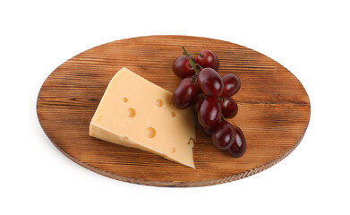 Piece of delicious cheese and grapes isolated on white, above view