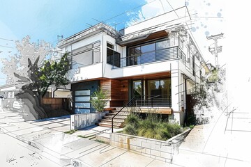 Villa moderne d'architecte, dessin fa&ccedil;on croquis, illustration ia g&eacute;n&eacute;rative