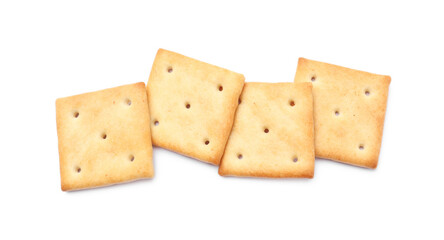 Tasty crispy square crackers isolated on white, top view