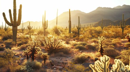 scenic view of dessert with cactuses, golden hour