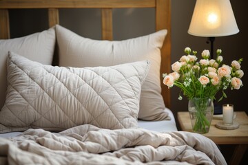 Close-up of bedside cabinet near bed with beige bedding in french country modern bedroom