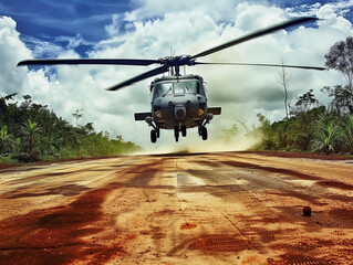 military helicopter in the sky. helicopter landing - obrazy, fototapety, plakaty