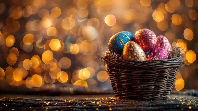 A rustic basket filled with multicolored Easter eggs against a shimmering golden light backdrop
