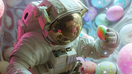 This whimsical depiction showcases an astronaut with vibrant balloons in a buoyant, surreal space environment