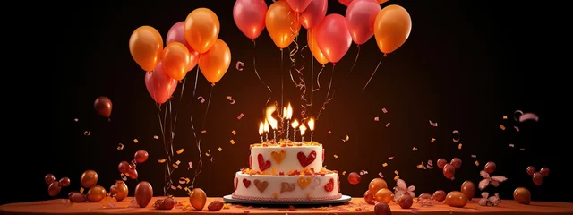 Fotobehang Birthday or anniversary cake with balloons on dark room for celebration background. © Alpa