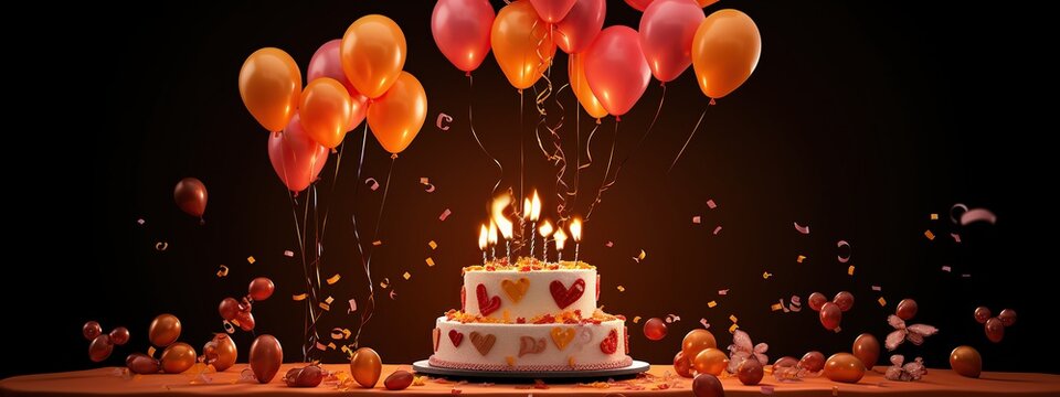 Birthday or anniversary cake with balloons on dark room for celebration background.