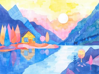 A cozy minimal watercolor drawing of a vibrant
