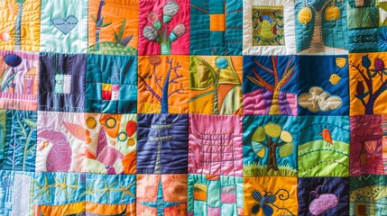 Multicolored patchwork quilt showcasing a diverse array of vibrant patterns and textures in close-up view