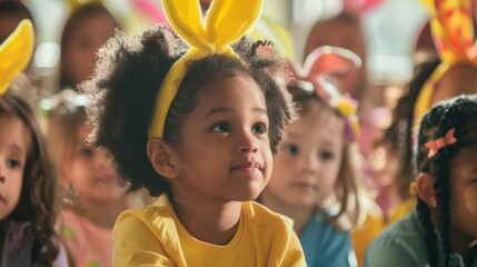 Adorable young child with bunny ears looks on with curiosity at an Easter celebration - obrazy, fototapety, plakaty