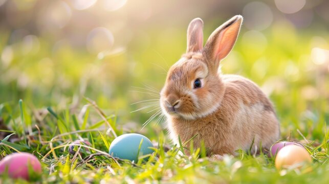 The image showcases a brown rabbit surrounded by greenery and colorful Easter eggs during golden hour