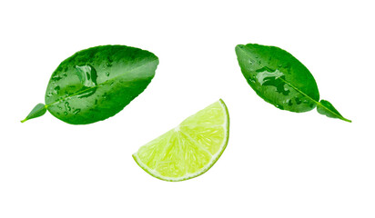 Top view set of green lemon fruit in slice or quarter shape with leaves isolated with clipping path in png file format