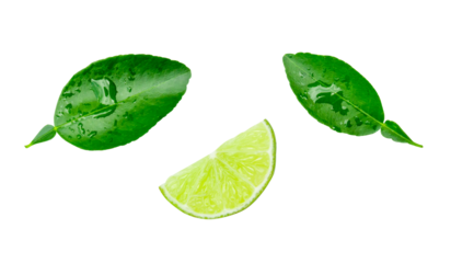 Top view set of green lemon fruit in slice or quarter shape with leaves isolated with clipping path in png file format