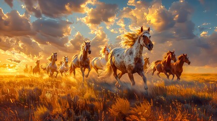 herd of horses running across a field with a beautiful sunset in the background