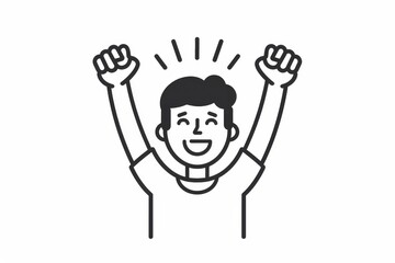 Illustration of a cheerful character raising hands high in celebration or victory, with a sense of achievement