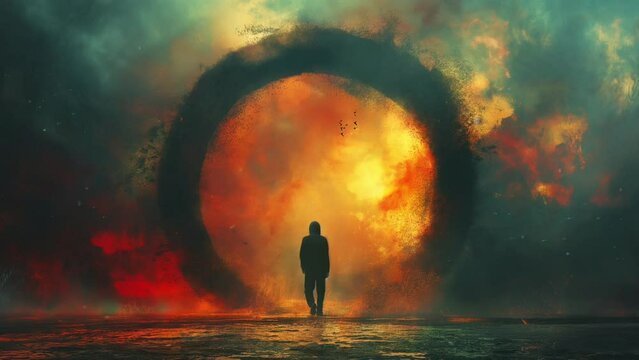 A solitary figure under the vast sky, contemplating the relationship between nature and the divine