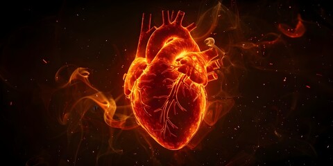 Pulsating digital red line symbolizing a human heart on black background. Concept Health Technology, Digital Design, Medical Innovation, Heart Monitoring, Graphic Illustration