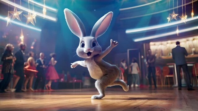 Animated rabbit joyfully dancing in a vibrant room with playful movements. Seamless looping 4k timelapse virtual video animation background generated AI 