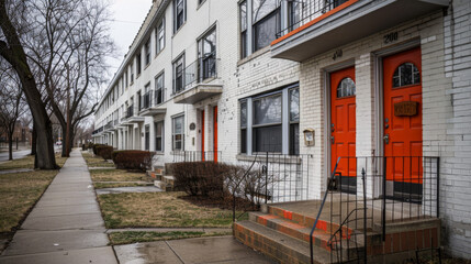 Obraz premium Chicago Imagist Style Townhouses in Crimson and Azure Gen AI