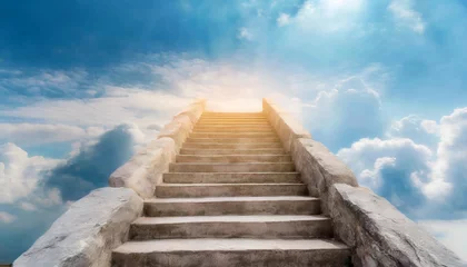 Foto op Plexiglas Stone stairs rises to haven, blue sky with white clouds. Freedom and dream concept. © hardvicore