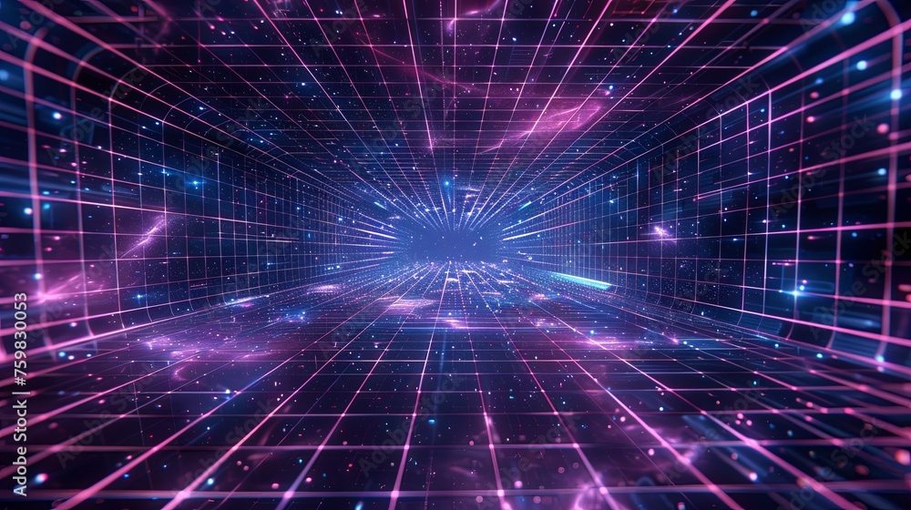 Poster digital concept art of a cyber grid tunnel with a burst of neon lights, symbolizing high-speed data 