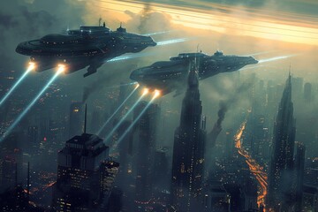 Towering spaceships hovering over major cities, firing beams of light