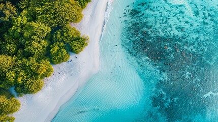 Drone view of a secluded beach with clear turquoise waters and white sands