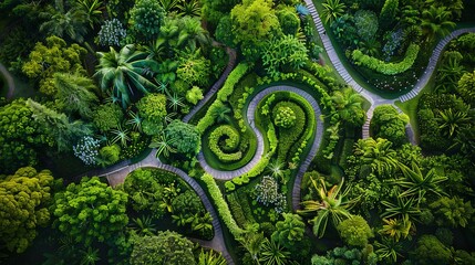 Drone view of a tranquil botanical garden, with intricately designed landscapes and peaceful walking paths