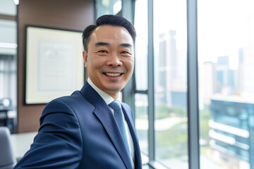 Selfie of asian smiling businessman indoor