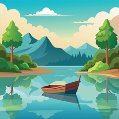 Fototapeta na wymiar vector, illustration, art, mountains, boat, trees, lake, water, blue, fir trees, clouds, reflection, nature, recreation, tourism, sports