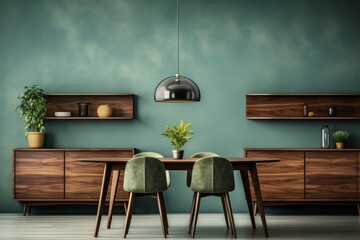 Scandinavian wooden dining set against green wall in modern home interior design - obrazy, fototapety, plakaty