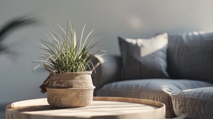 a living room featuring a wooden coffee table adorned with a houseplant and wicker basket, positioned near a grey sofa, in a realistic photograph.