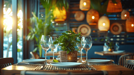 Fototapeta na wymiar Elegant Table Setting in Cozy Restaurant Interior