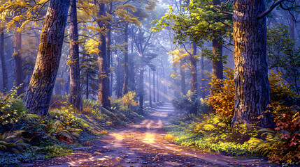 Fototapeta premium Autumnal Forest Path: Sunlit Foliage, Fog, and Tranquility in a Woodland Scene