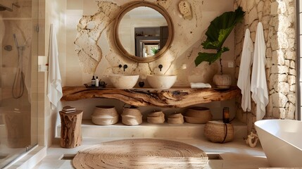 Comforting Bathroom Design with Live Edge Wooden Vanity and Hemp Rope Circular Mirror