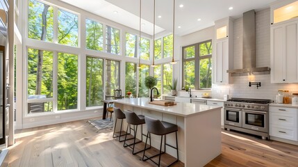 Contemporary Elegance: A Spacious Kitchen Bathed in Natural Light and Forest Views - obrazy, fototapety, plakaty