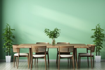 Fototapeta premium Modern scandinavian dining room interior with wooden table and chairs against green wall