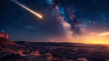 desert at night, stars in sky, asteroid:4 flying across the sky lighting the land up beneath it, stunning, 132k HDR