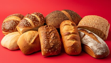 Variety of Artisan Breads on Vibrant Red