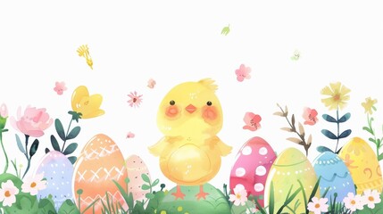 Bright and happy illustration of a yellow chick surrounded by colorful Easter eggs and butterflies, symbolizing new beginnings