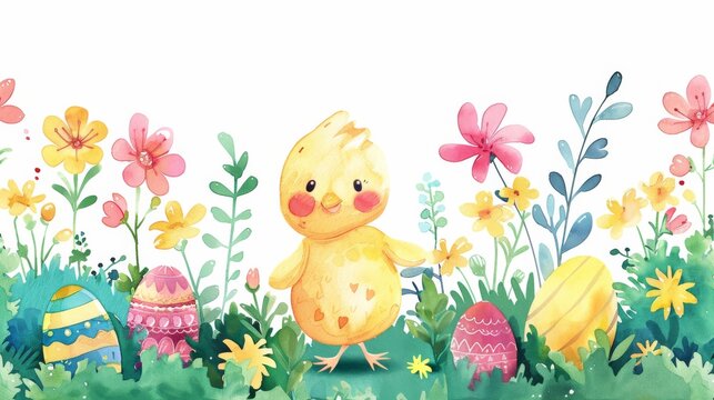 Vibrant and playful, this image shows a chick exploring a garden filled with Easter eggs and spring blooms, full of life
