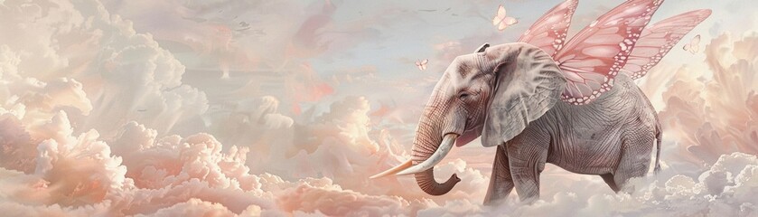 Butterfly-winged pachyderm, cloud ballet, ethereal glide, soft hues, whimsical adventure, unique hyper-realistic illustrations - obrazy, fototapety, plakaty