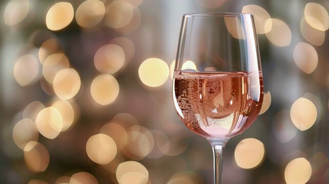 Elegant pink wine in a crystal glass with a bokeh light background