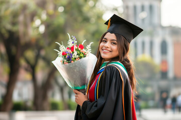 Joyful Latina Graduate Holding Flowers at University Campus