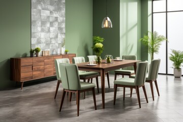 Fototapeta na wymiar Scandinavian mid-century dining room interior with wooden table, chairs, and green wall decor